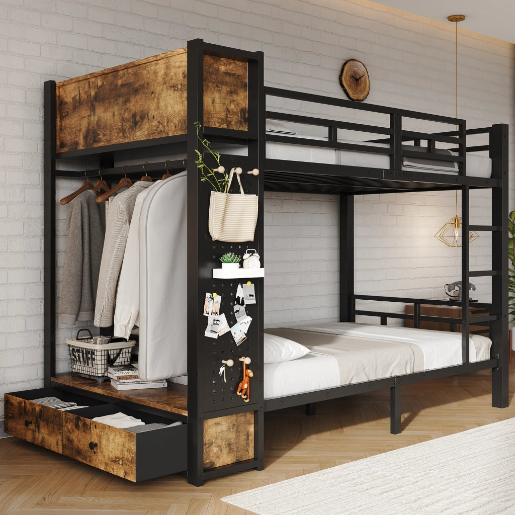Letto a castello 120 × 200 cm con contenitore laterale, appendiabiti, cassetto, pannello forato et senza materasso