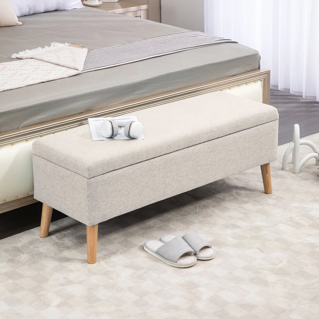 Panca contenitore imbottita scandinava con seduta ribaltabile e vano portaoggetti, in tessuto effetto lino beige
