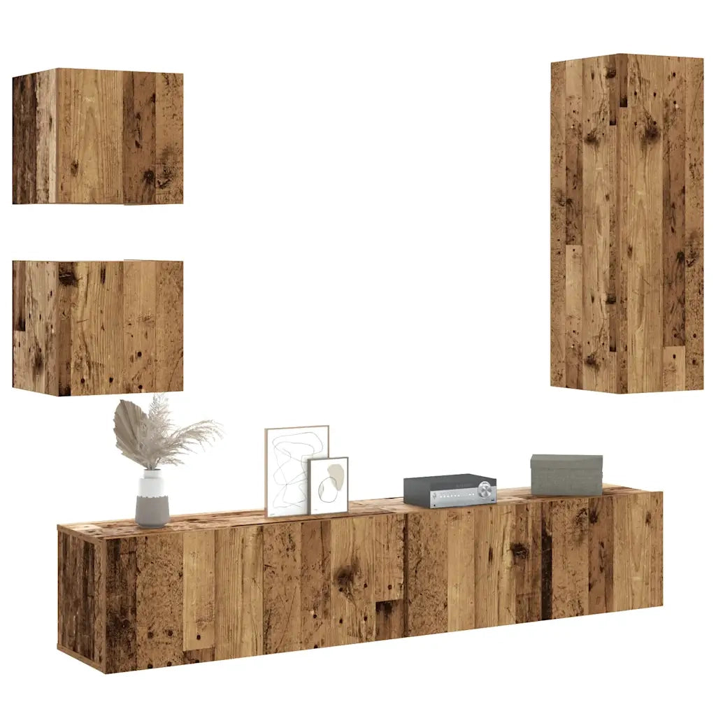 Set Mobile TV 5 pz | Armadietto TV | Mobile Porta TV Montato a Parete Legno Antico in Truciolato