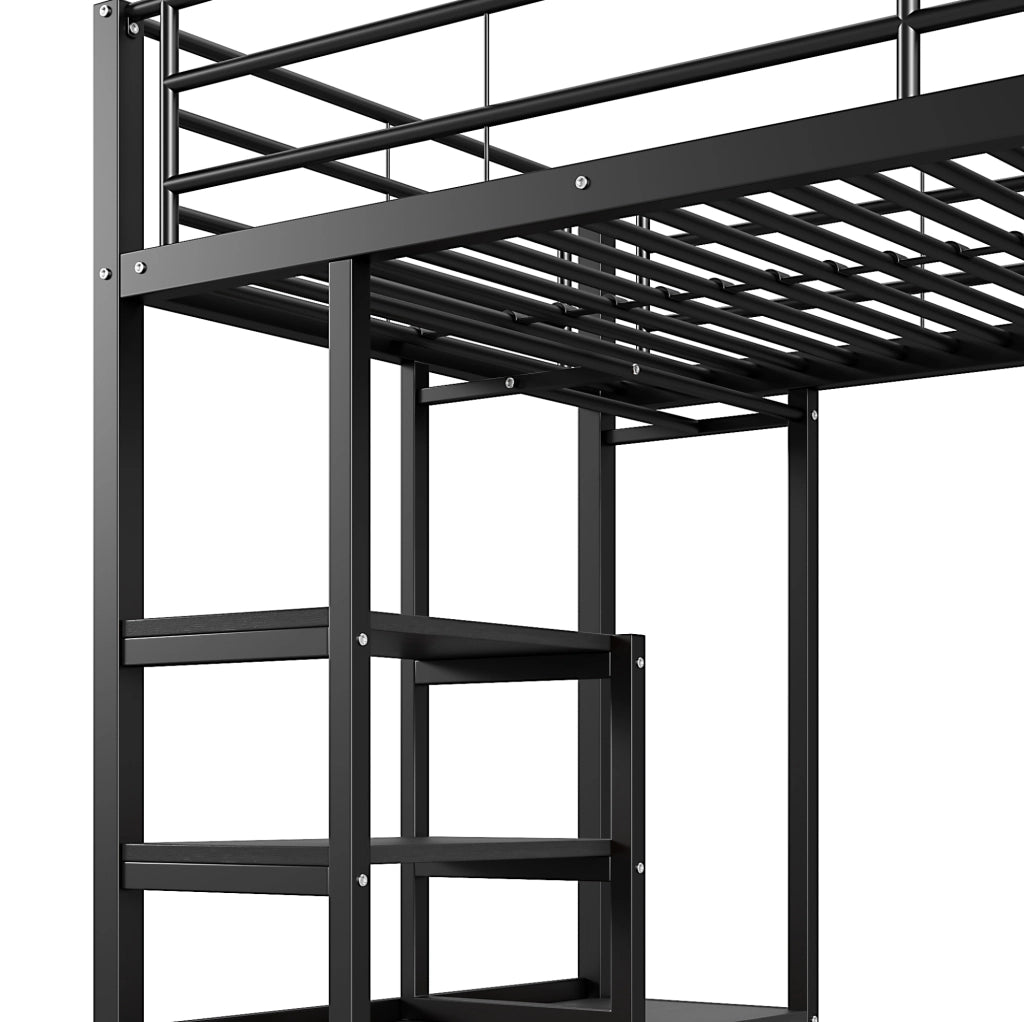 Letto a soppalco 90x200 cm con scrivania, ripiani e prese USB, nero