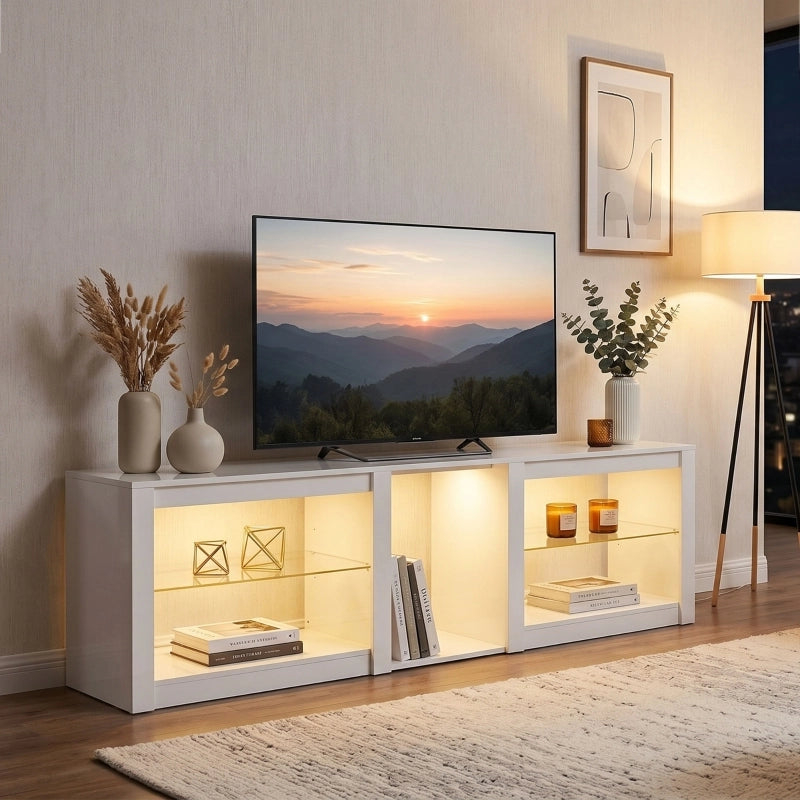 Mobile porta TV con LED RGB e ripiani in vetro regolabili, per televisori fino a 75 pollici, bianco, 160 × 35 × 52 cm