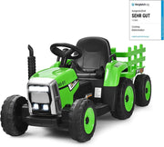 Trattore con Rimorchio Cavalcabile per Bambini 12V, Trattore Elettrico Telecomandato, con Luci e Suoni, 30kg, 3+ Anni (Verde)