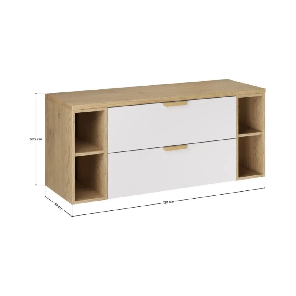 Set da bagno sospeso OSTER 120cm: mobile sottolavabo con cassetti bianchi e nicchie a vista + piano per lavabo