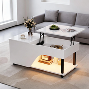 Tavolino da salotto sollevabile 50 x 100 x 46 cm in truciolare bianco con LED e vano contenitore