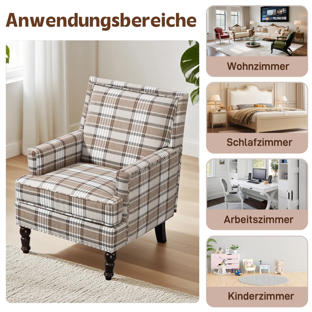 POLTRONA Imbottita 74x66x43,5 cm in Tessuto Cotone Lino Marrone e Bianco