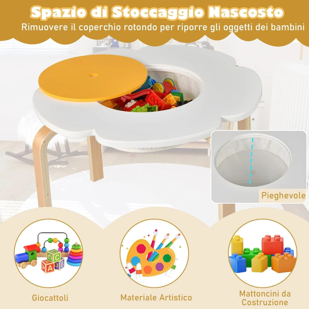 Set Tavolo e Sedie per Bambini, Set Mobili a Forma di Fiore con 2 Sedie e 2 Sgabelli, Tavolo Attività con Contenitore Nascosto, Set Gioco a 5 Pezzi in Legno per Bambini 3+ Anni