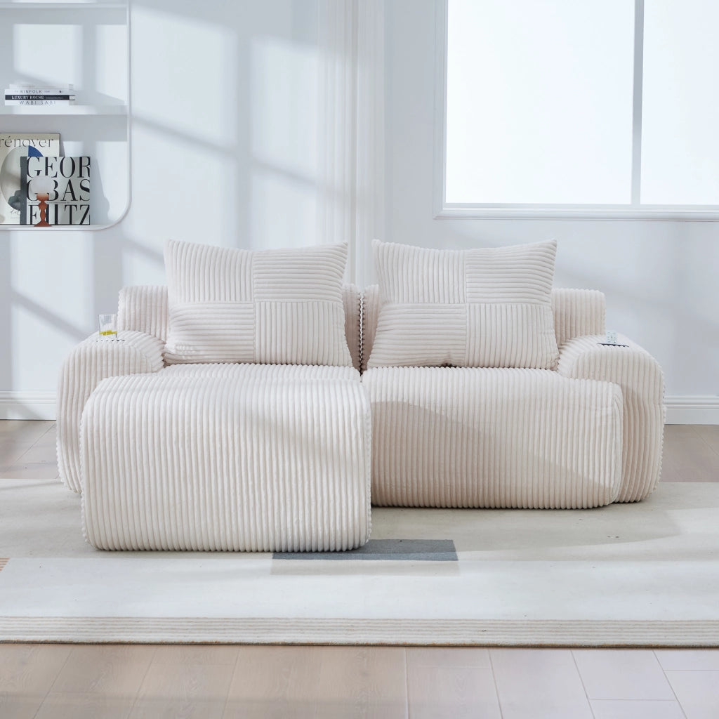 Divano modulare 2 posti con portabicchieri e tasca laterale configurazione flessibile in velluto a coste beige