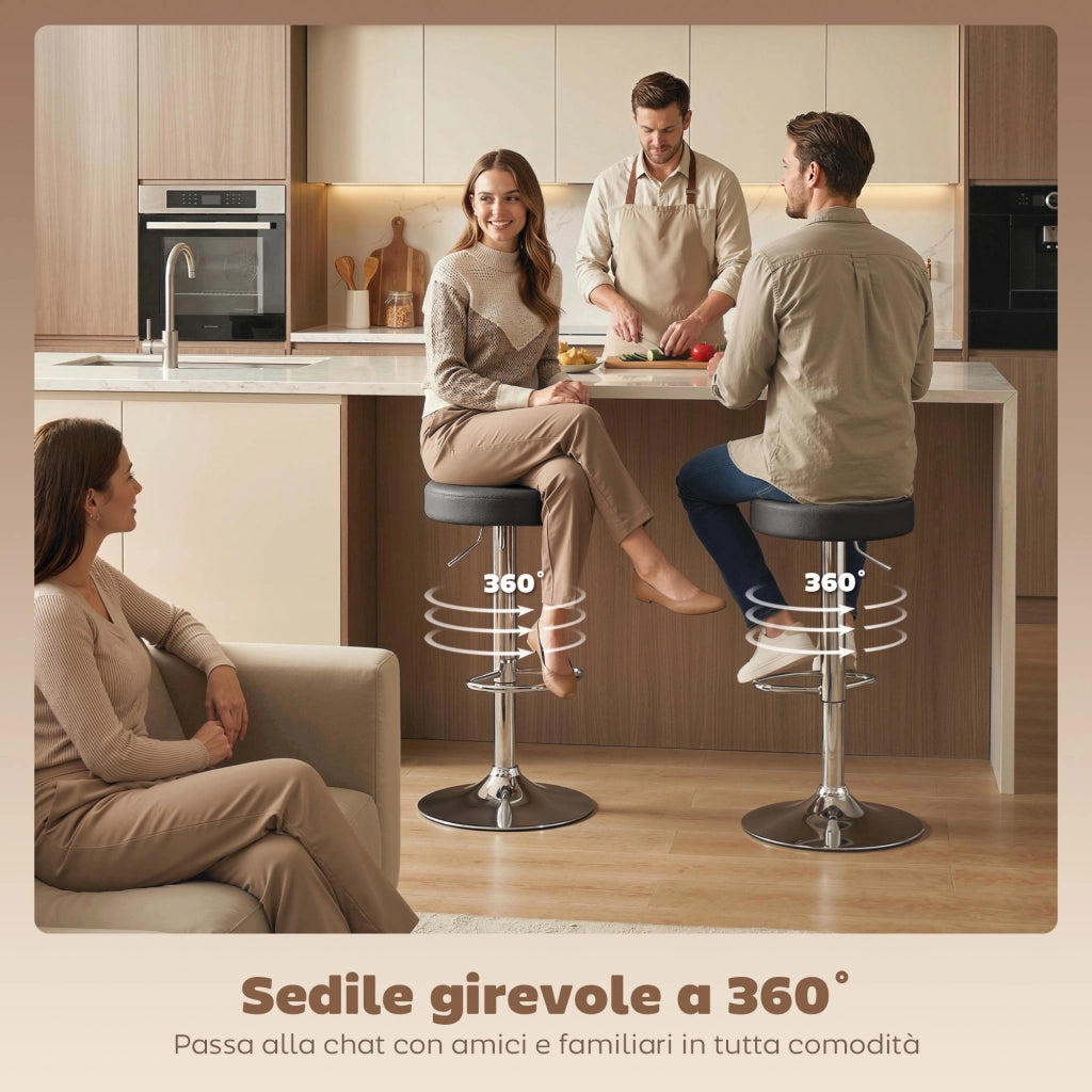 Set 2 Sgabelli da Bar Moderni e Regolabili, in Pelle PU, Spugna e Metallo, 38.5x38.5x62-84 cm, Nero