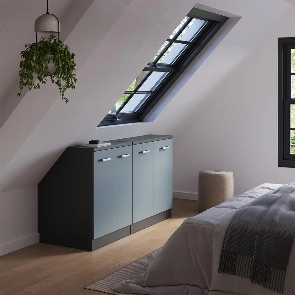 Set di mobili sottotetto Rion, Grigio-blu, 140 cm Set di 2 carcasse armadio profondità 60 cm, adatto per il salvaspazio sotto tetti spioventi