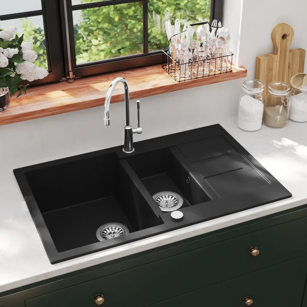 Lavello da Cucina in Granito Vasca Doppia Nero CFW7773563