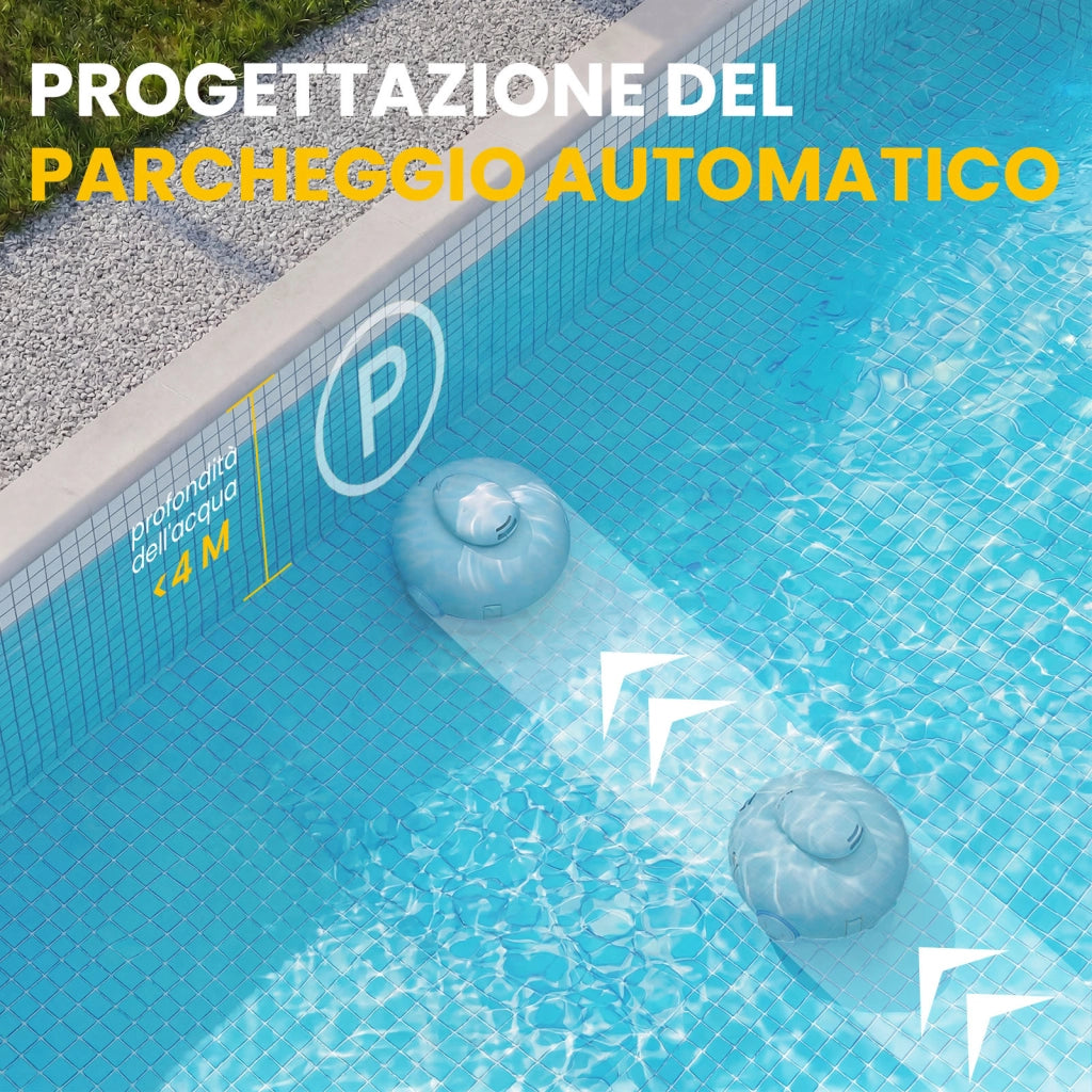 Robot pulitore per piscine, autonomia di 120 minuti, in grado di arrampicarsi sulle pareti della piscina, potente aspirazione, parcheggio automatico.