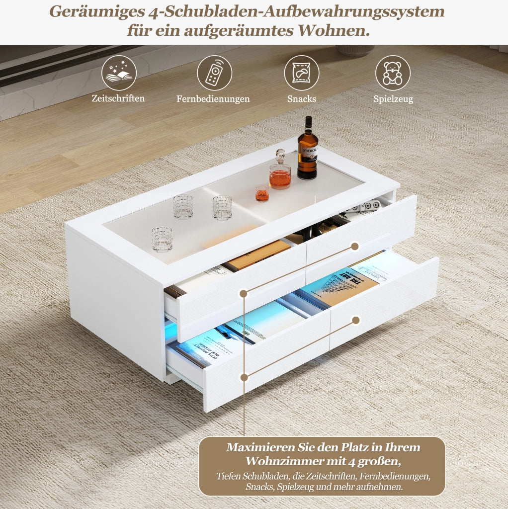 Tavolino da caffè moderno bianco 100x50x40 cm con 4 cassetti; LED; vetro temperato
