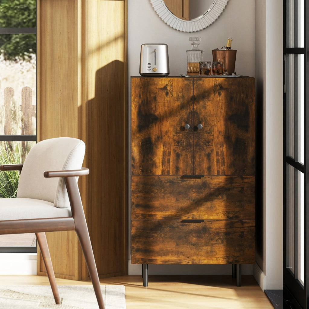 Credenza buffet-Armadio da cucina con cassetti e mobile contenitore, Stazione bar da pavimento con gambe in metallo Marrone
