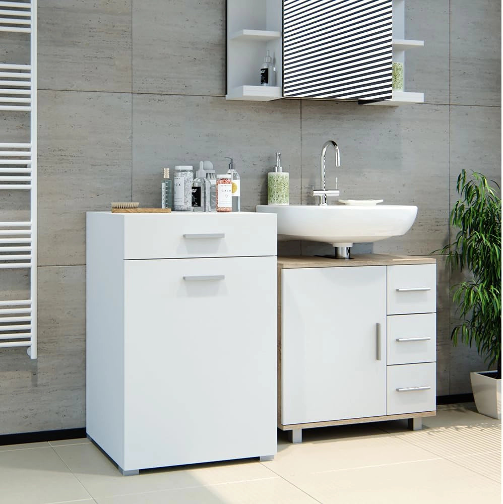 Armadietto da bagno con portabiancheria Matteo, Bianco, 50 x 78.5 cm, con cesto della biancheria integrato e soluzione salvaspazio