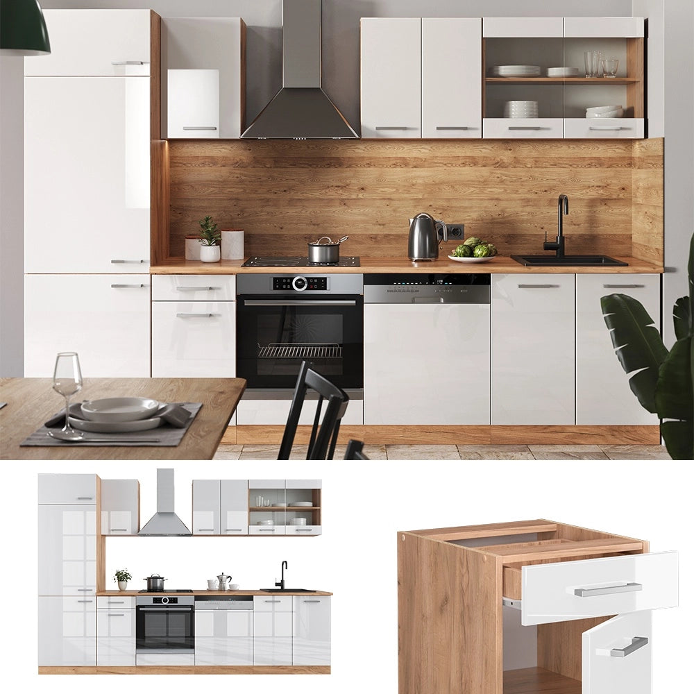 Cucina componibile R-Line Bianco lucido/Rovere dorato 300 cm senza piano di lavoro Vicco