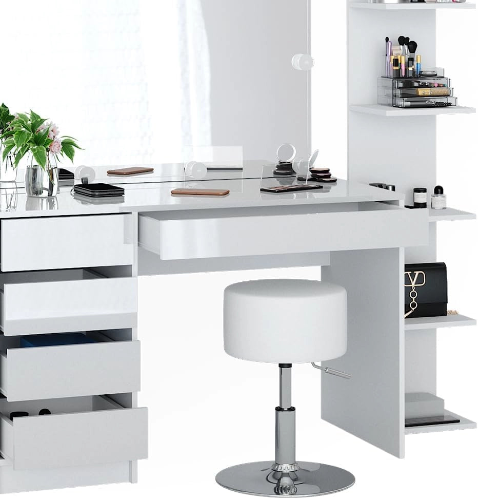 Vicco Tavolino da toilette Sherry, Bianco, 4 pezzi, con ripiano portaoggetti, specchio, sgabello, LED, adatto per l’uso quotidiano con telaio stabile