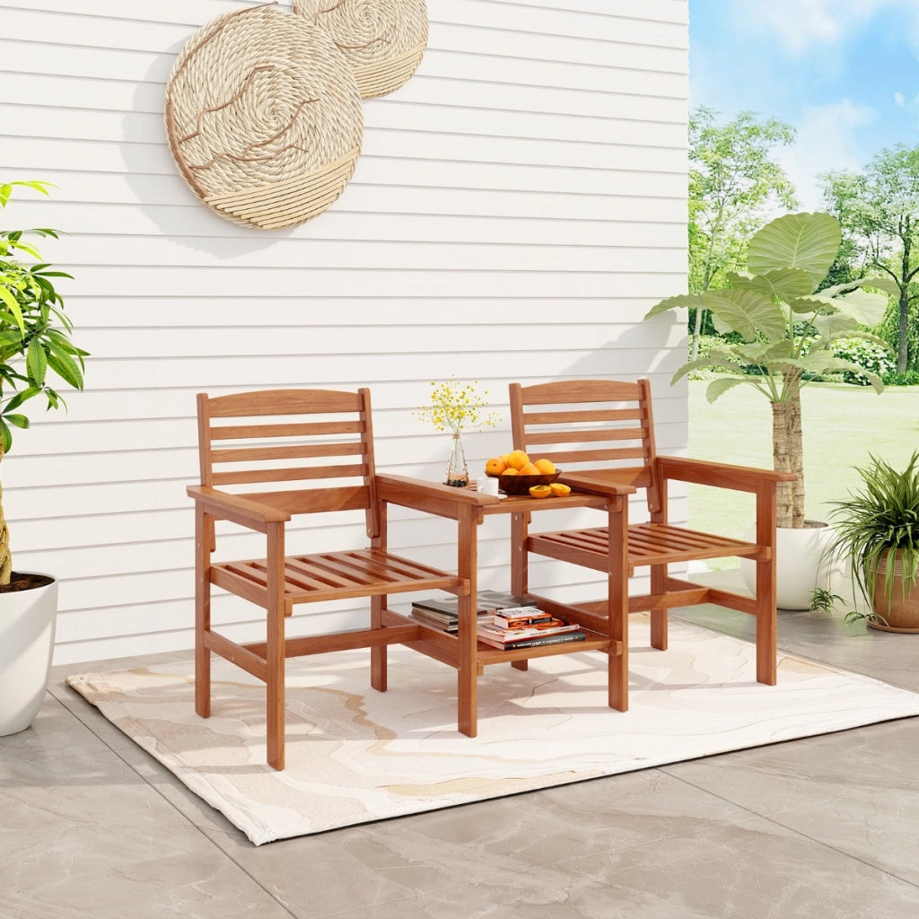 Divano a 2 posti da esterno con tavolo, Set da conversazione in legno con tavolino e foro per ombrellone 159,5x61,5x88cm-Set mobili da esterno