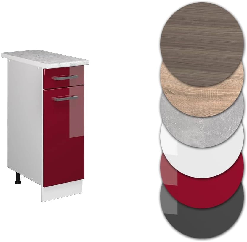 Mobiletto base per cucina R-Line, Rosso lucido, 30 cm, PL Marmo, per la libera combinazione all'interno di sistemi cucina modulari