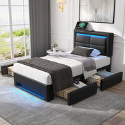 Letto singolo imbottito 90x190 cm con LED, USB e 4 cassetti