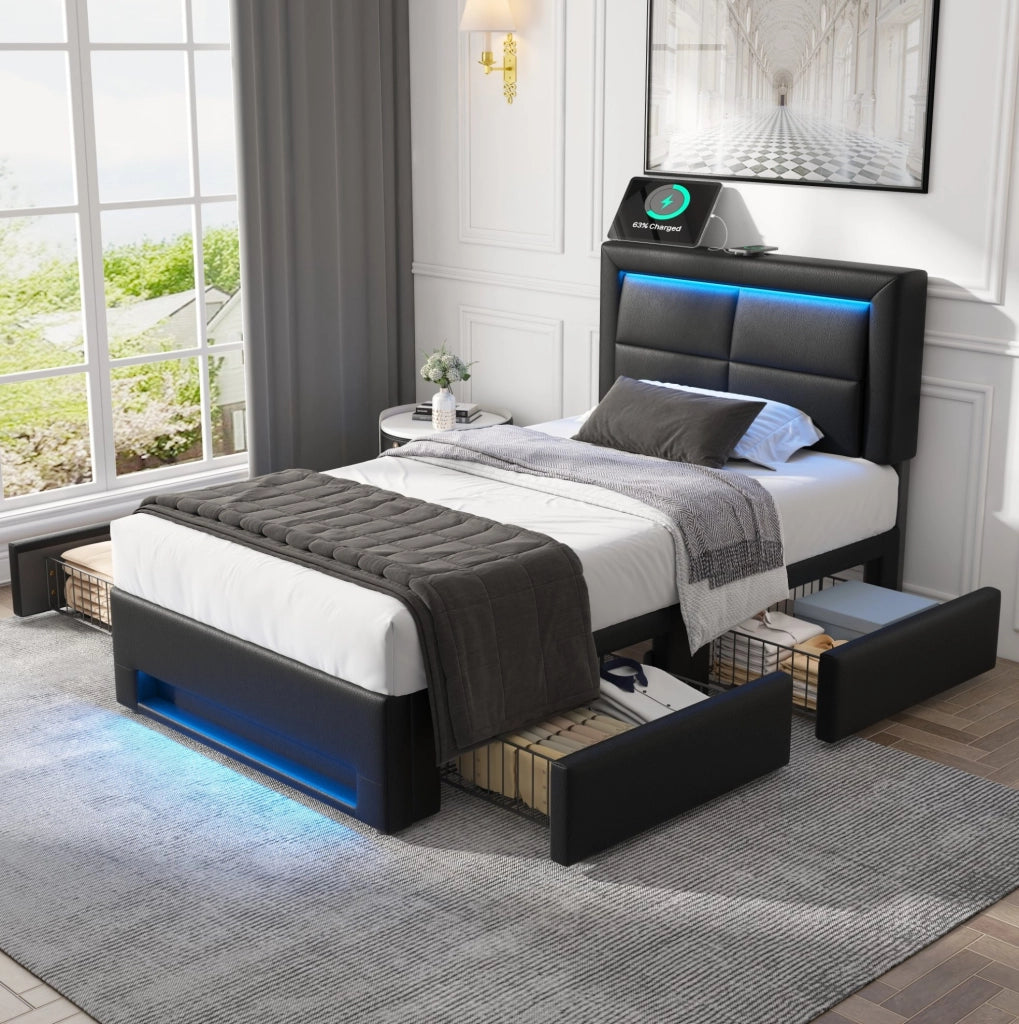 Letto singolo imbottito 90x190 cm con LED, USB e 4 cassetti