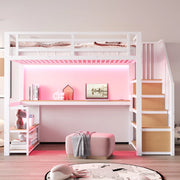 Letto a soppalco in metallo 90x200 cm con scrivania; scaffali e scala contenitore; bianco