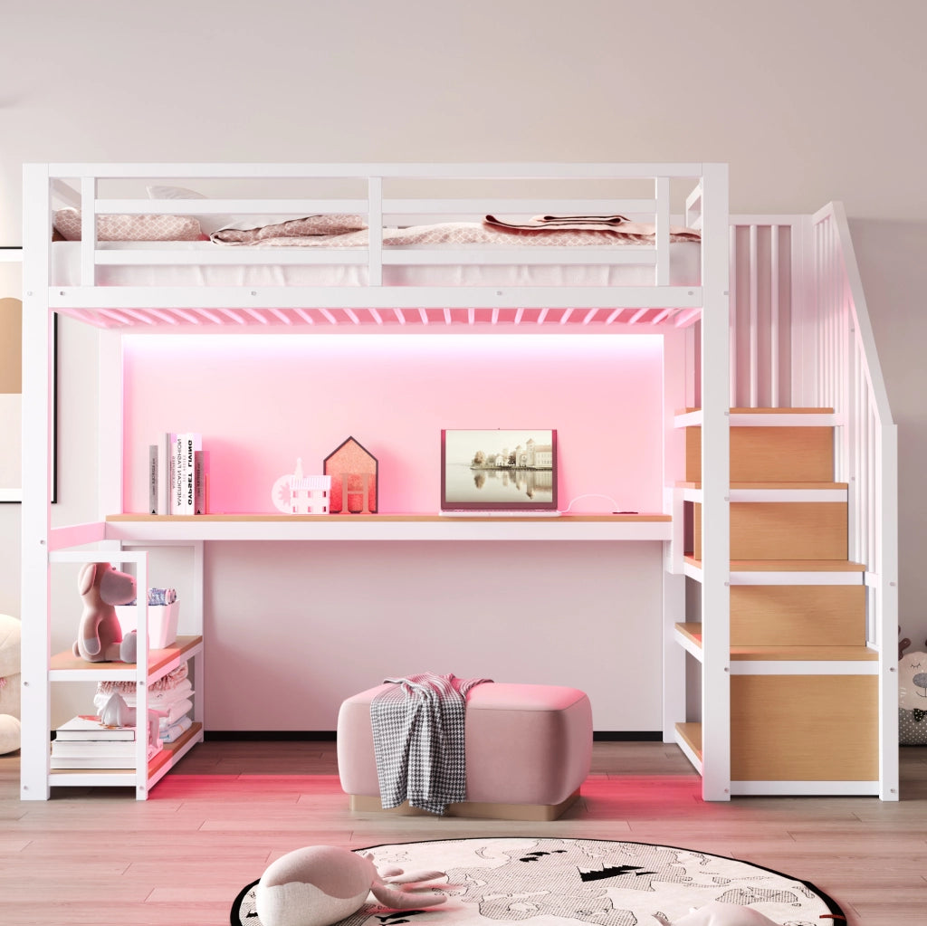 Letto a soppalco in metallo 90x200 cm con scrivania; scaffali e scala contenitore; bianco
