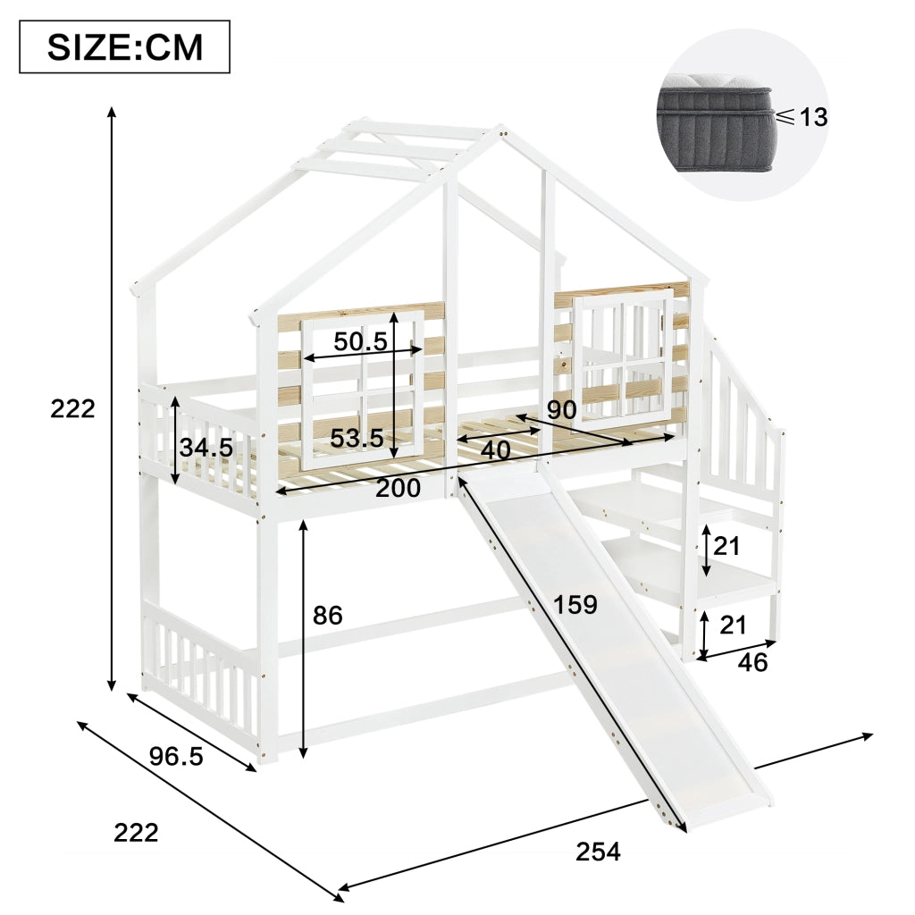 Letto a Castello 90x200 cm; Letto 2 Posti - Con Scala; Scivolo e Finestre - Bianco