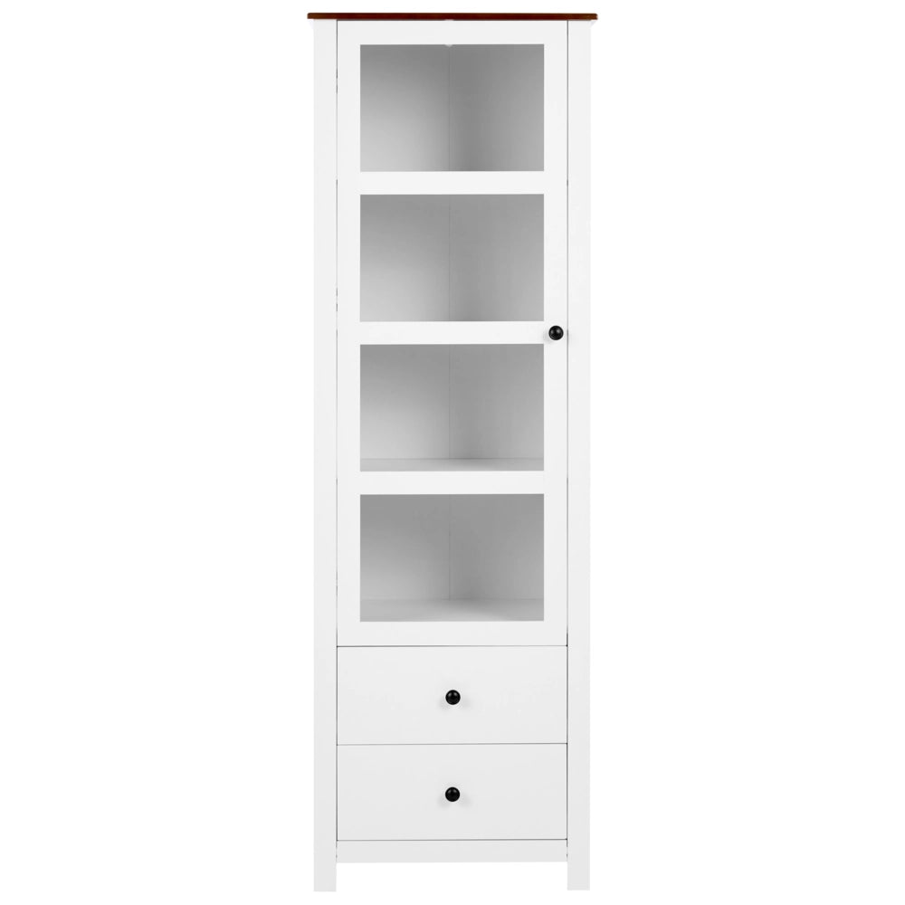 Vetrina bianca in MDF, 60 cm, vetrina alta con ante in vetro e cassetti, stile rustico-country