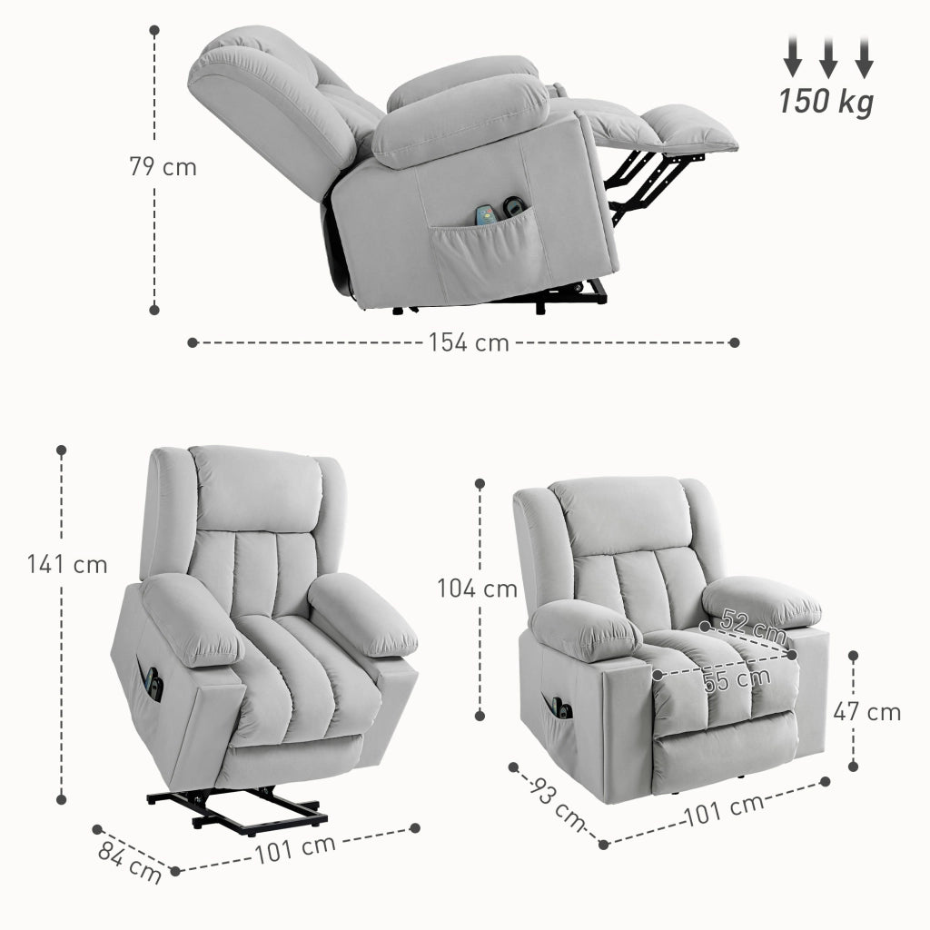 POLTRONA RELAX ELETTRICA CON ALZATA, MASSAGGIO E CALORE, VELLUTO GRIGIO CHIARO