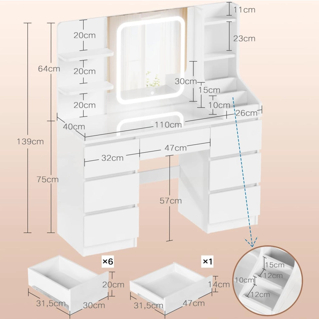 Toeletta da Trucco con 7 Cassetti, Postazione Trucco con Specchio a LED, Luminosità Regolabile,Tavolo da Toeletta con 4 Ripiani Aperti,per la Camera da Letto, Bianco