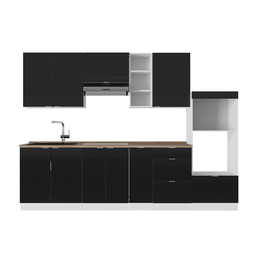Cucina componibile Fame-Line Nero rigato/Bianco 280 cm, PL Rovere Vicco