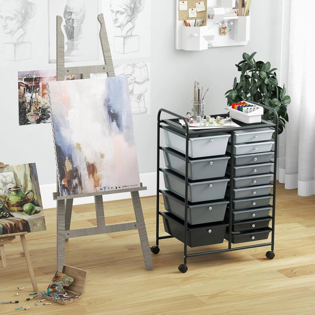 Carrello con 15 Cassetti Impilabili, Carrello di Stoccaggio con Ruote, Carello Portaoggetti per Casa e Ufficio, 63 x 37 x 87 cm (Nero 2)