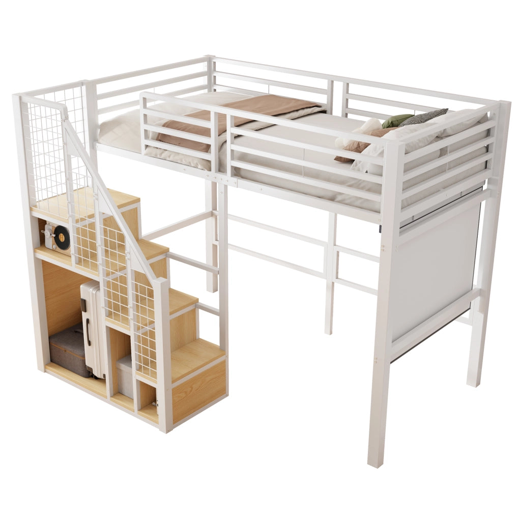 Letto a castello bianco con scala di sicurezza 90x200 cm in metallo