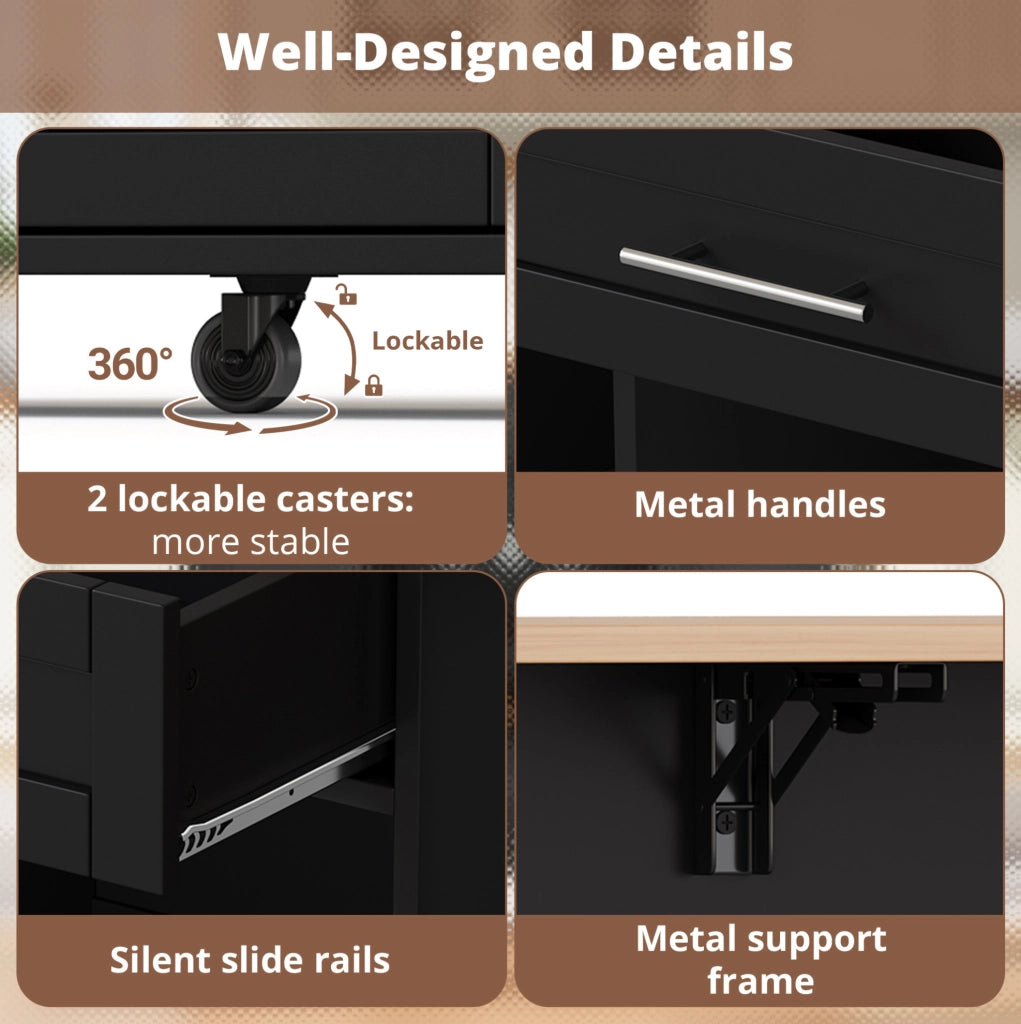 Carrello cucina con piano ribaltabile 138x45(70)x92 cm; nero e naturale; in MDF