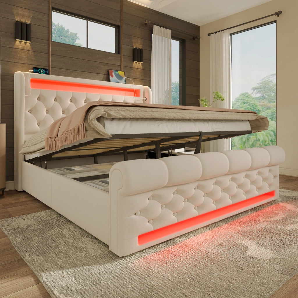 Letto matrimoniale imbottito ULEVR 140x190 cm con contenitore idraulico, LED, USB e Type-C, velluto beige