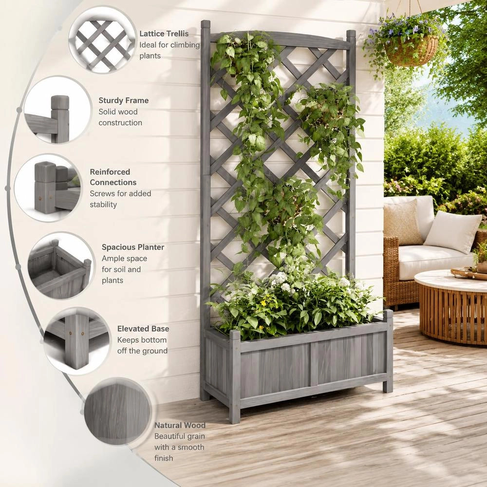 Plant Pot With Trellis Gray Solid Fir Wood