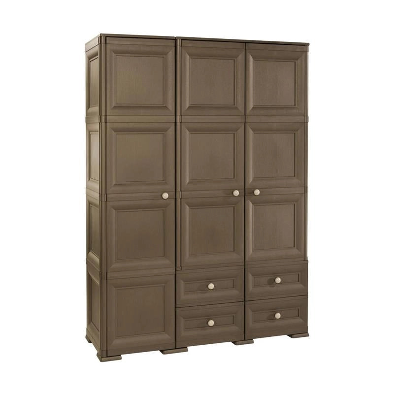 ARMADIO 3 ANTE CON 2 APPENDIABITI E 4 CASSETTI MARRONE, GUARDAROBA MULTIUSO CON RIPIANI E VANI APERTI, 118 X 43 X H 164 CM