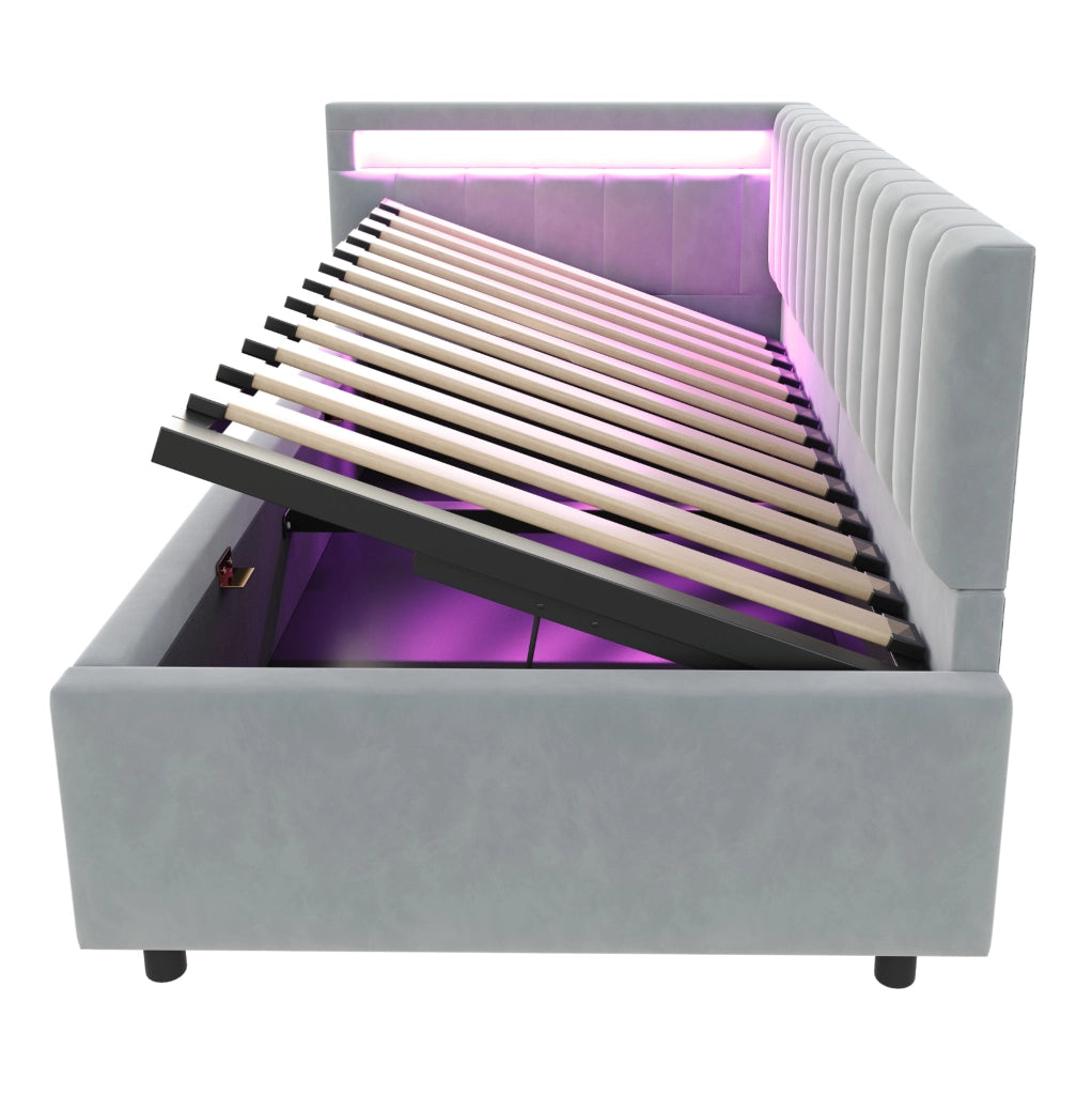 Divano letto imbottito 90x200 cm con LED; contenitore idraulico e velluto grigio