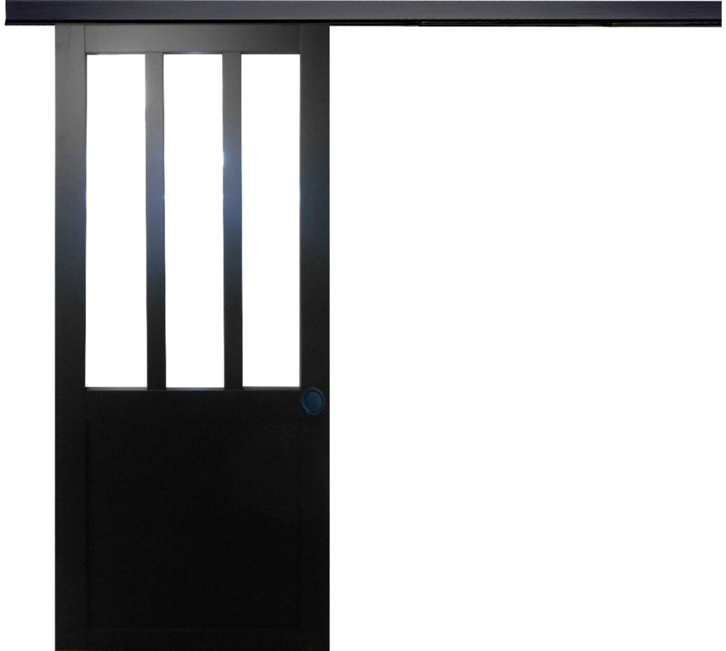 Porta scorrevole da officina nera H204 x L93 + binario in alluminio nero e 2 gusci neri