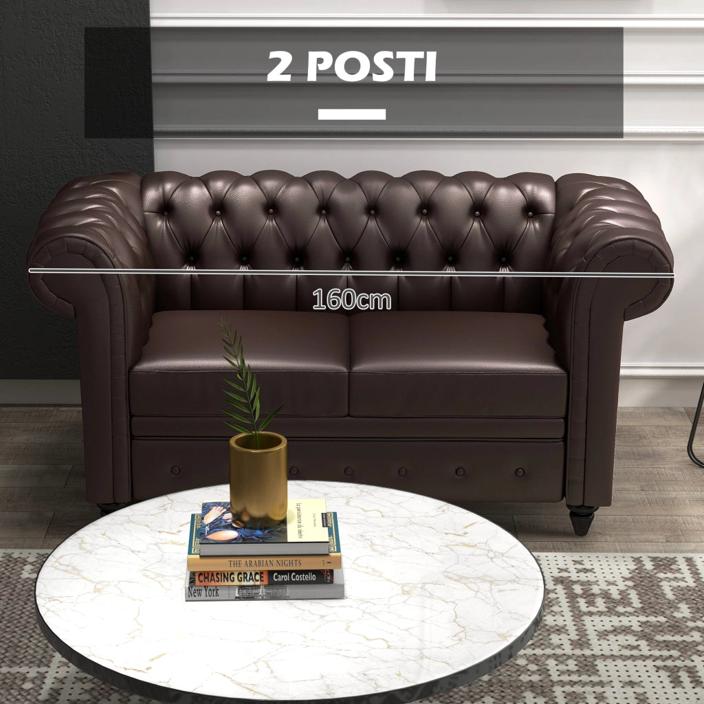 Divano 2 Posti stile Chesterfield con Cuscino Rimovibile, in Ecopelle, Legno e Metallo, 160x84x80 cm, Marrone