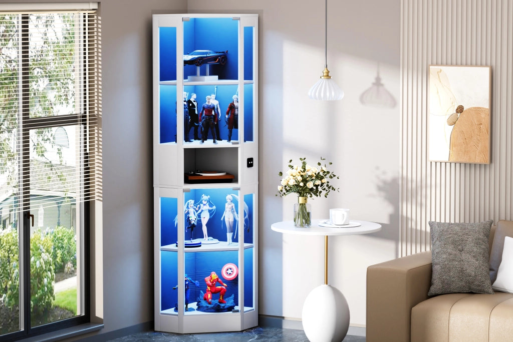 Vetrina in vetro con LED a 3 colori e sensore di movimento 57x40x165 cm bianca