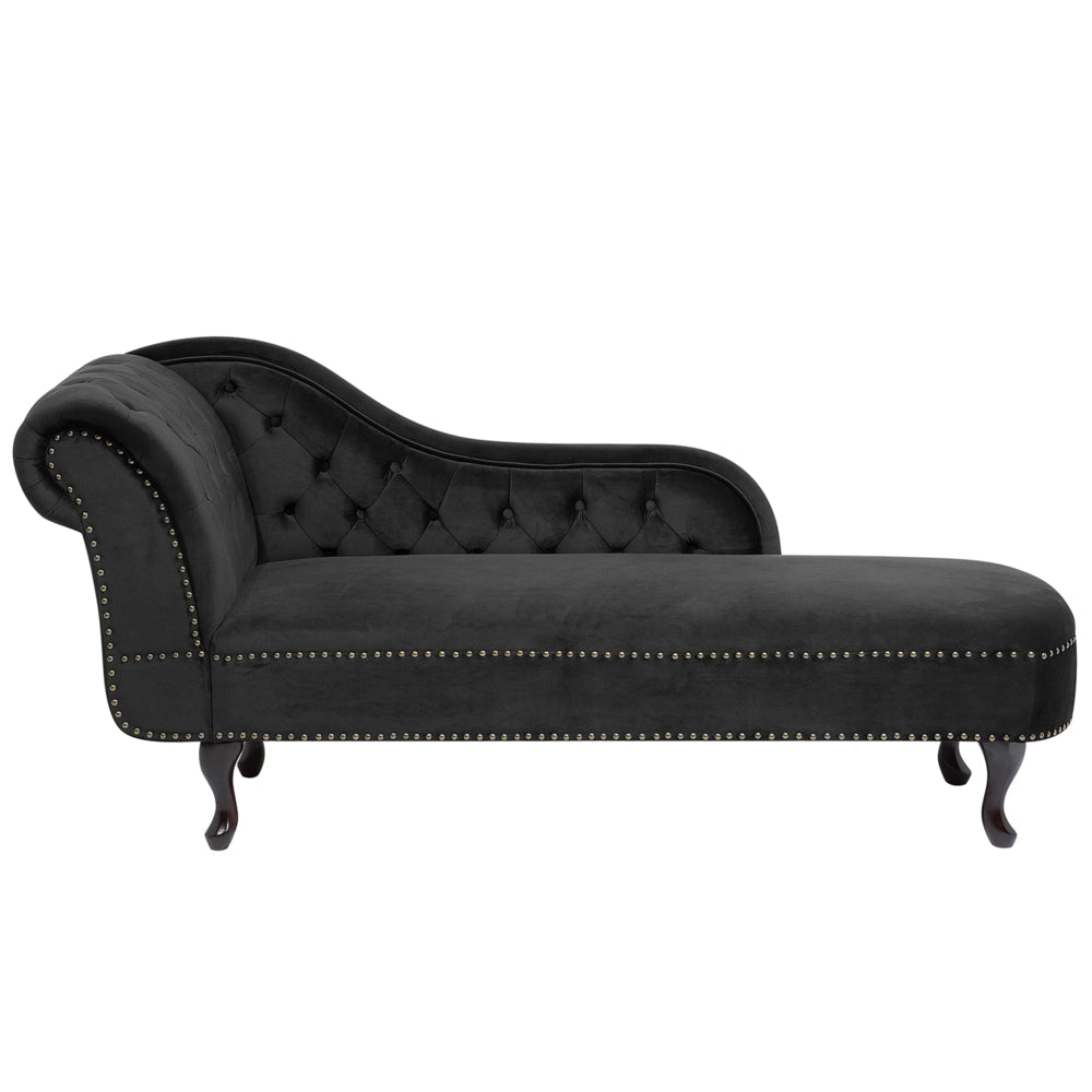 Chaise Longue in Velluto nero Versione Sinistra Stile Chesterfield con bottoni
