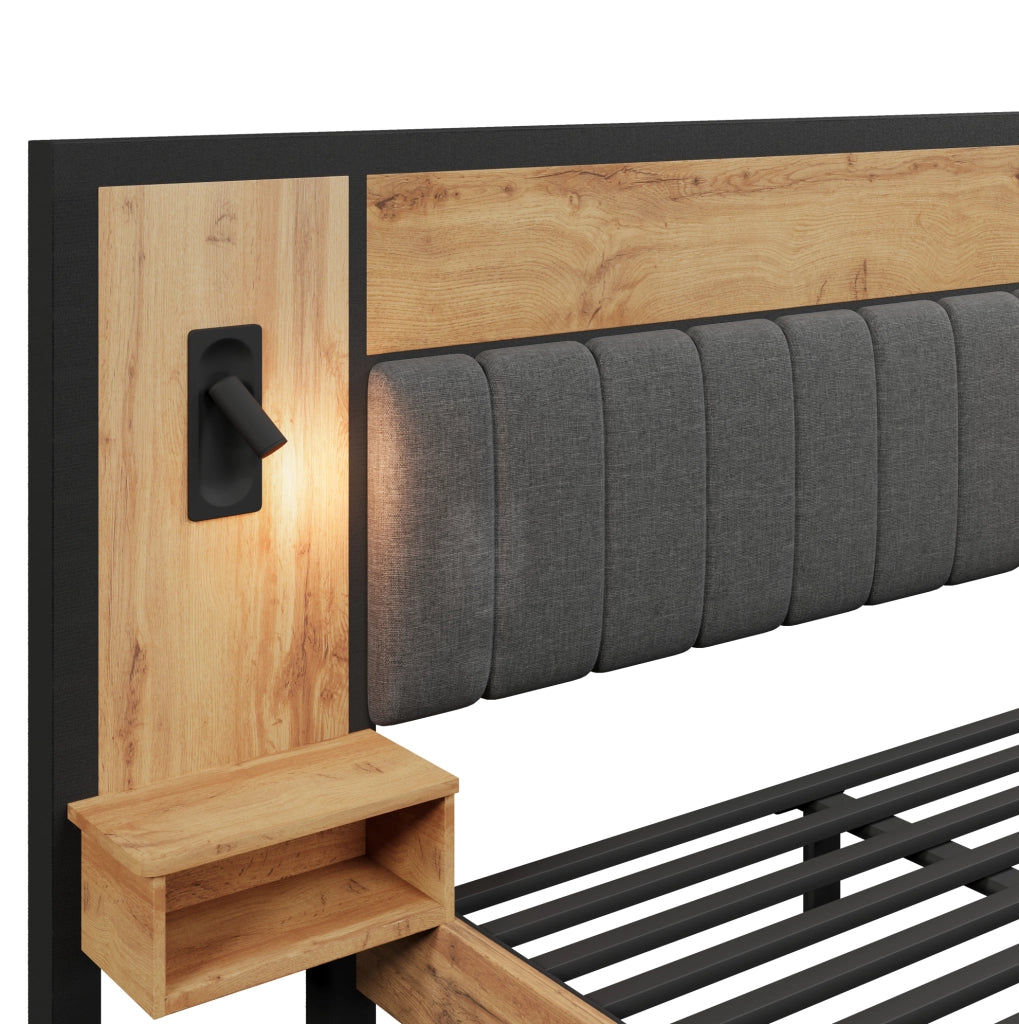 Letto 160x200 cm con luci da lettura; USB C e panca contenitore; metallo; MDF e lino; rovere