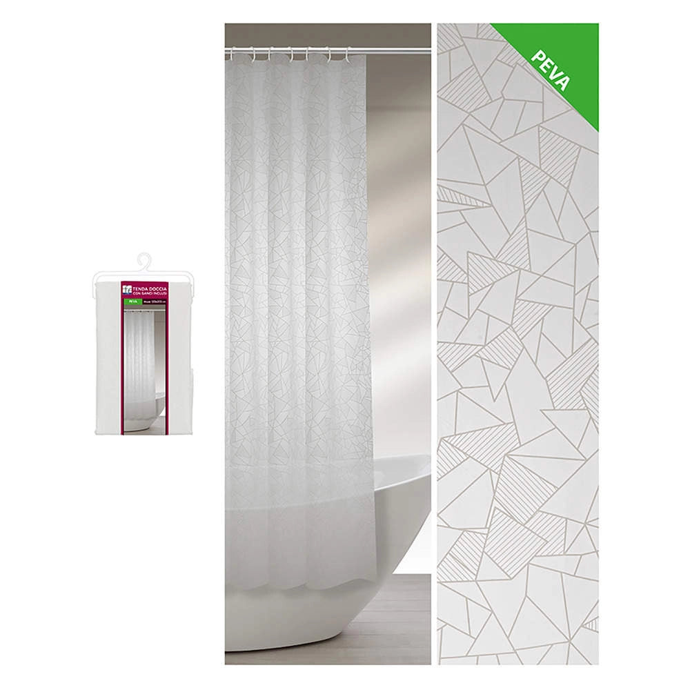 Tenda Doccia da Bagno con Ganci Bianca Design Geometrico in Peva Formato: 180 x 200 cm