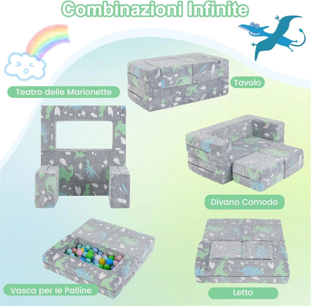 Divano Pieghevole 3 in 1 per Bambini Brilla al Buio, Poltrona Bambini con Rivestimento in Flanella Rimovibile e Lavabile, Pouf per Cameretta (Dinosauro Grigio)