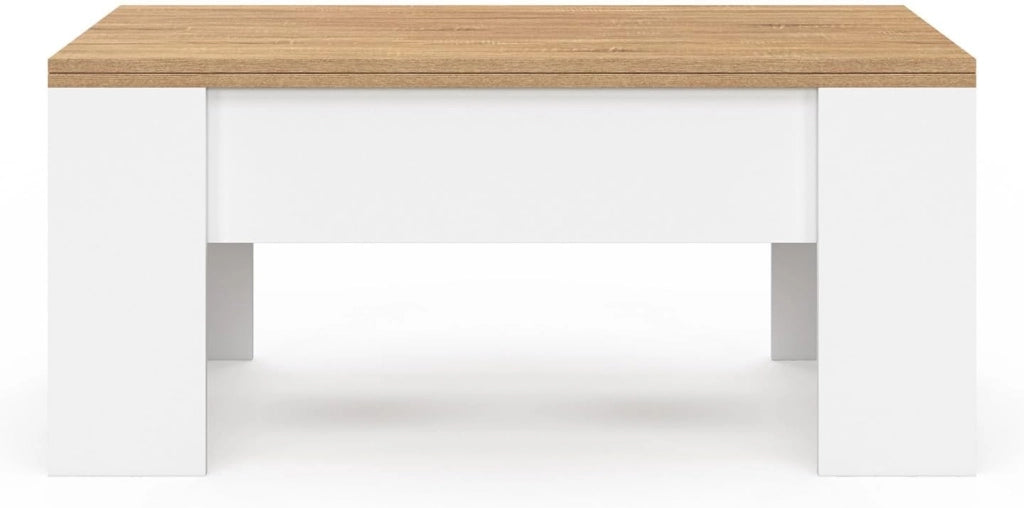 Tavolino rettangolare con piano sollevabile, trasformabile in tavolo da pranzo TARA, in legno bianco e faggio finto