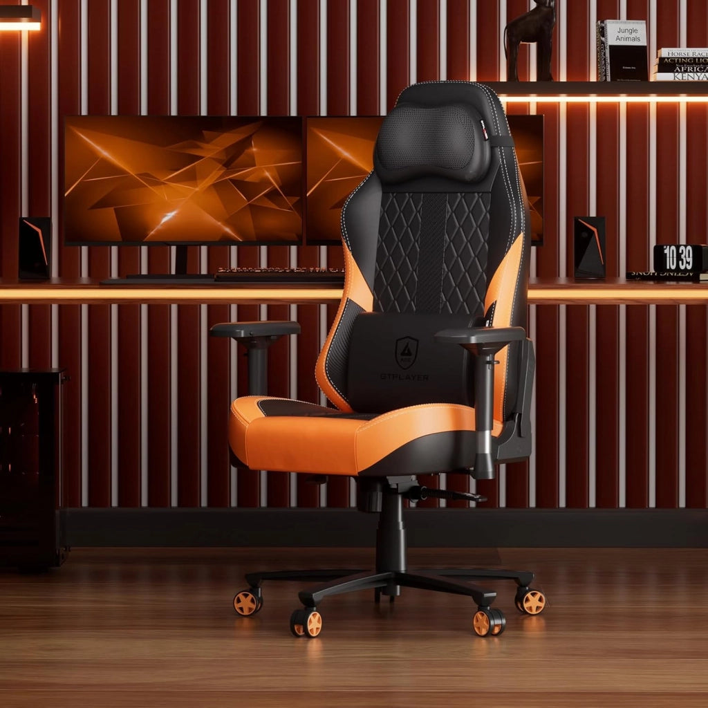 Sedia da gioco con massaggio, con cuscino a molle insacchettate, poggiapiedi, ergonomica, da gaming, braccioli 4D, sedia da PC, schienale allargato, portata 150 kg，arancia