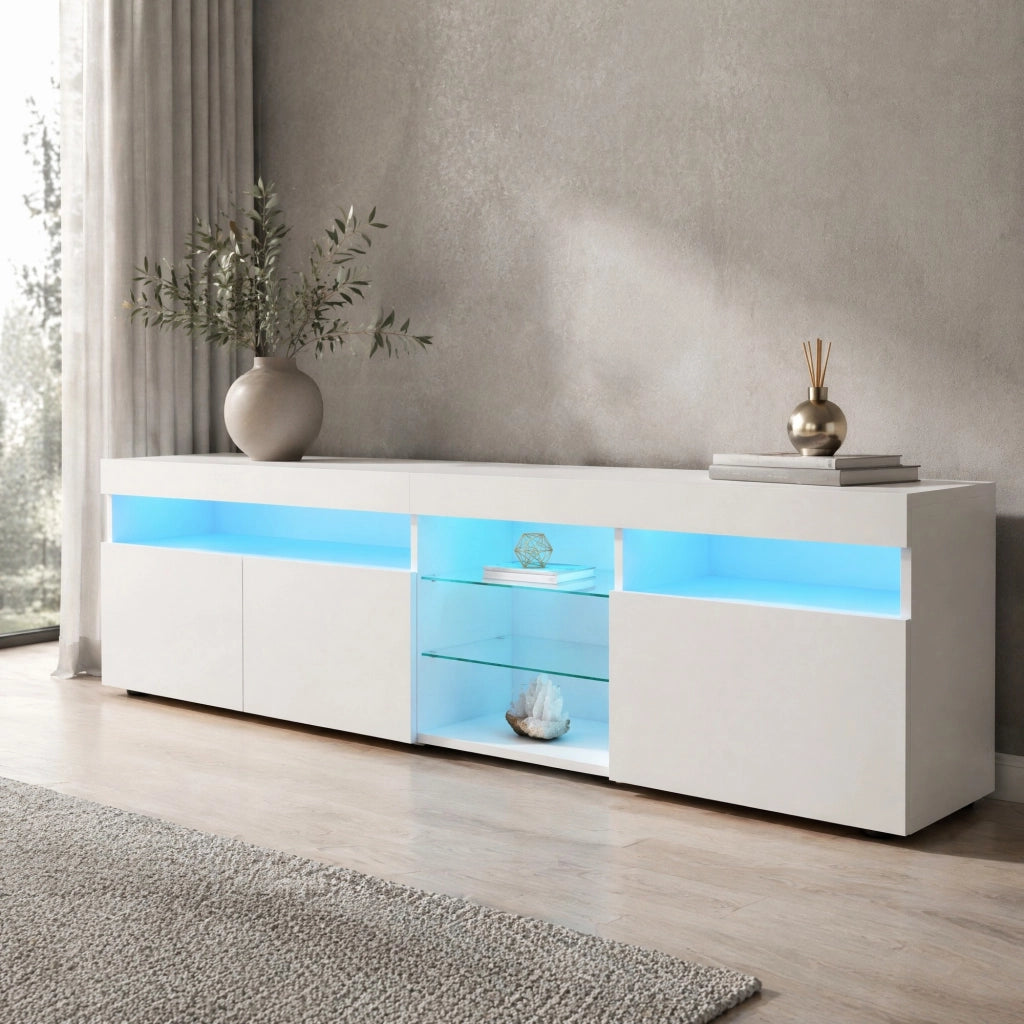 Mobile TV moderno bianco lucido 180 cm con LED variabile e ante in vetro laminato