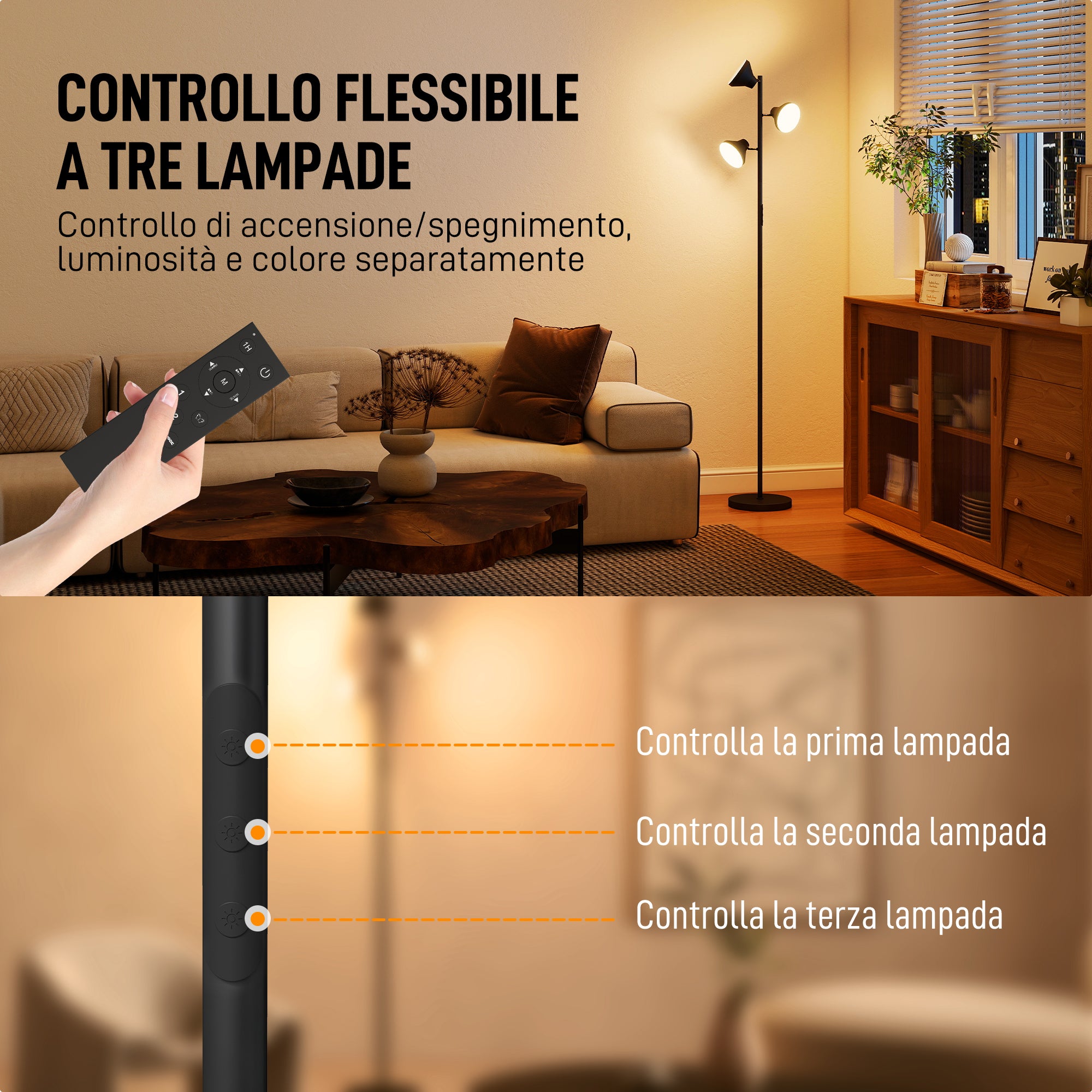 Lampada da Terra con 3 Teste Regolabili Indipendenti Ø25x170 cm Telecomando e Timer in Acciaio e Plastica Nero