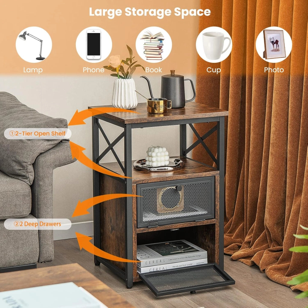 Set di 2 tavolini, comodino in legno con 2 cassetti pieghevoli e scaffali aperti, design salvaspazio, comodino industriale per camera da letto, soggiorno, 40 x 35 x 61 cm
